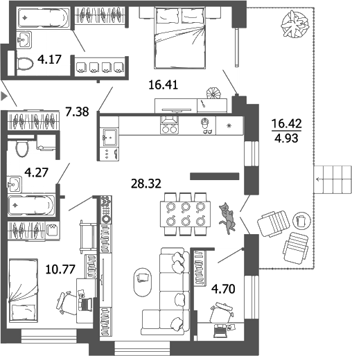 Планировка — Лес, 3-комн., 76 м²