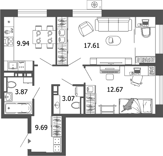 Планировка — Лес, 2-комн., 57 м²