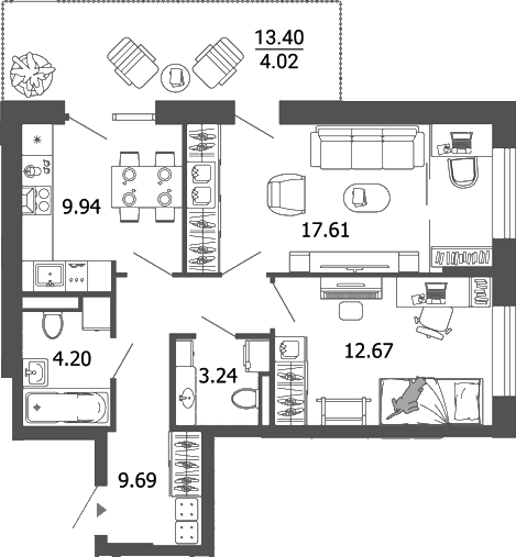 Планировка — Лес, 2-комн., 57 м²