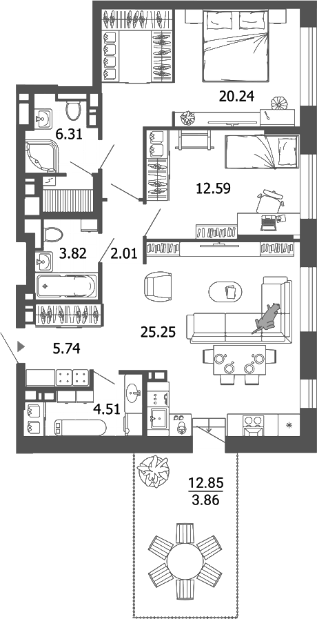 Планировка — Лес, 3-комн., 80 м²