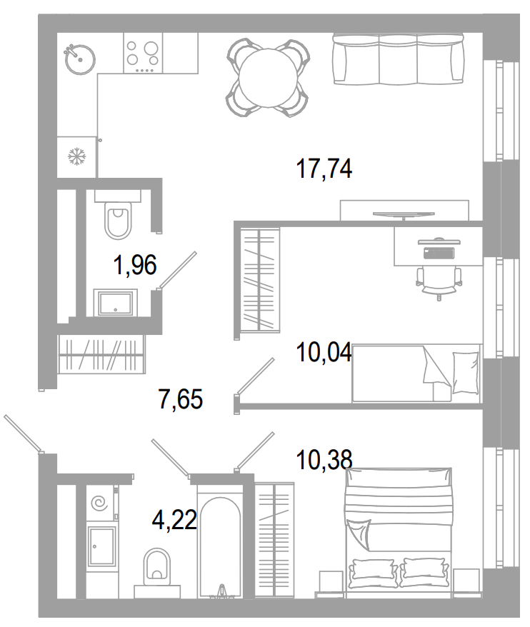 Планировка — РАЗУМ на Малышева, 3-комн., 52 м²