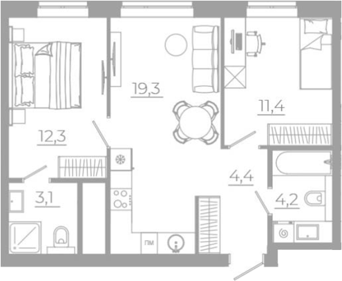 Планировка — РАЗУМ на Титова, 3-комн., 55 м²