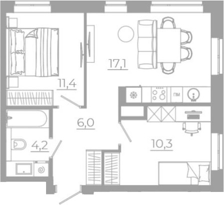 Планировка — РАЗУМ на Титова, 3-комн., 49 м²