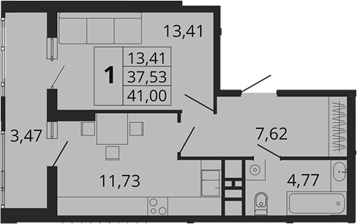 Планировка — Родные Просторы, 1-комн., 38 м²