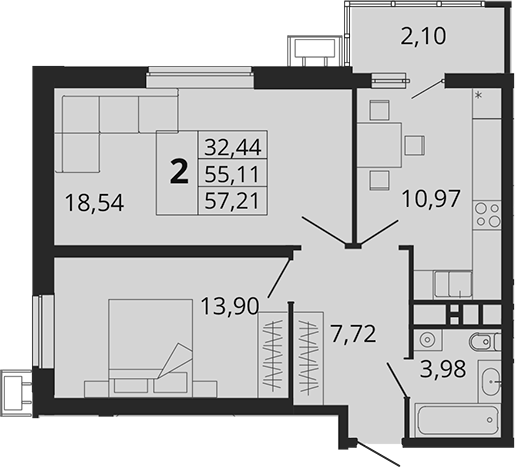 Планировка — Родные Просторы, 2-комн., 55 м²