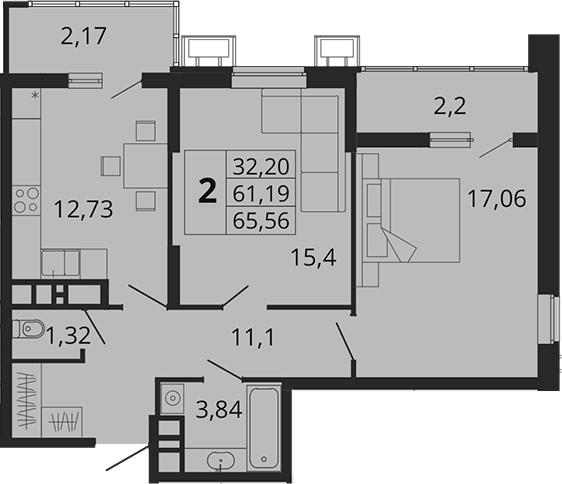 Планировка — Родные Просторы, 2-комн., 61 м²