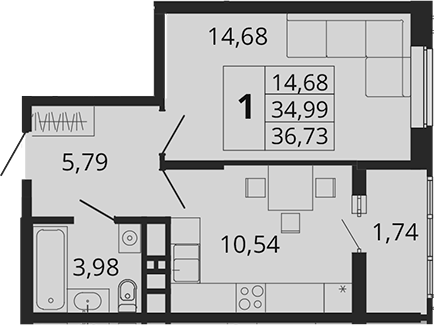 Планировка — Родные Просторы, 1-комн., 35 м²