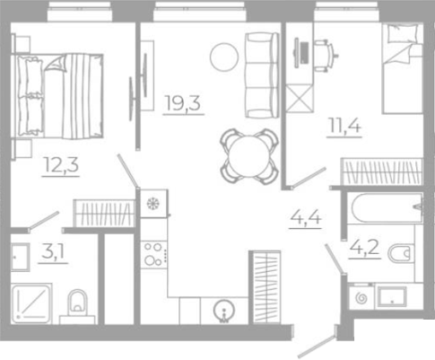 Планировка — РАЗУМ на Титова, 3-комн., 55 м²