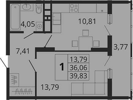 Планировка — Родные Просторы, 1-комн., 36 м²
