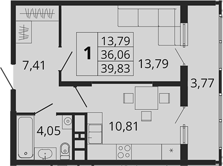 Планировка — Родные Просторы, 1-комн., 36 м²