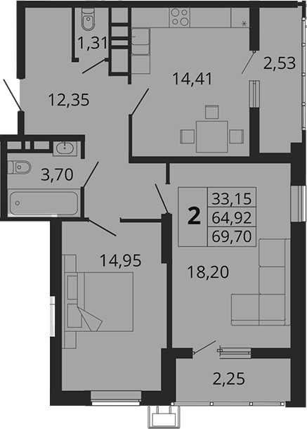 Планировка — Родные Просторы, 2-комн., 65 м²