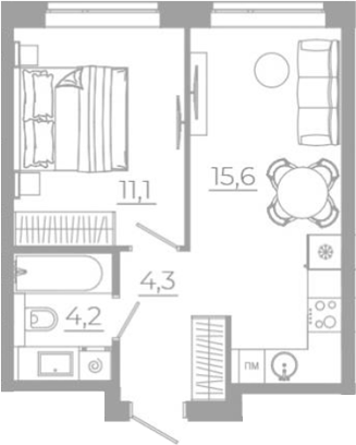 Планировка — РАЗУМ на Титова, 2-комн., 35 м²