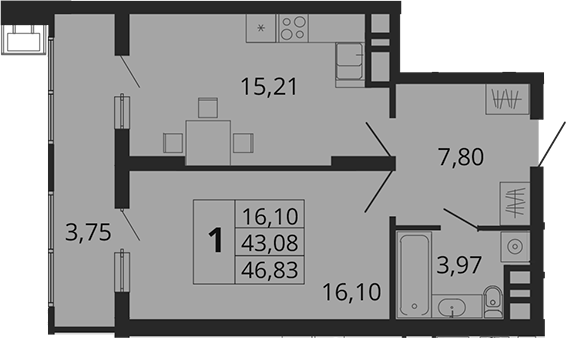 Планировка — Родные Просторы, 1-комн., 43 м²