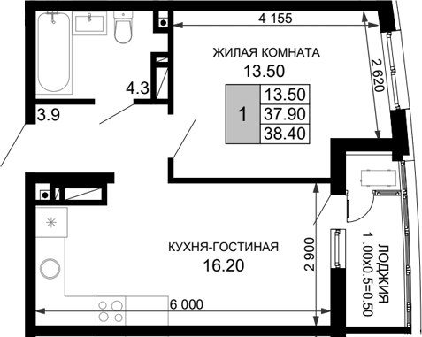 Планировка — Фонтаны, 2-комн., 38 м²