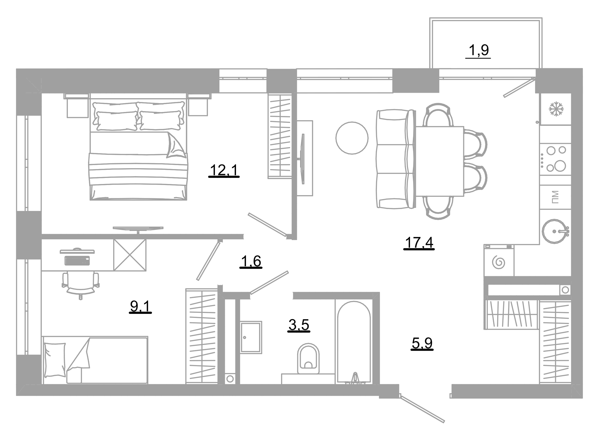 Планировка — РАЗУМ на Матвеева, 2-комн., 50 м²
