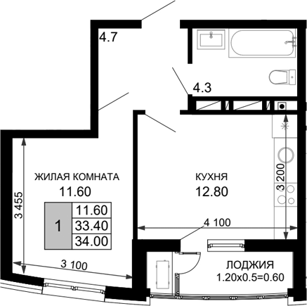 Планировка — Фонтаны, 1-комн., 33 м²