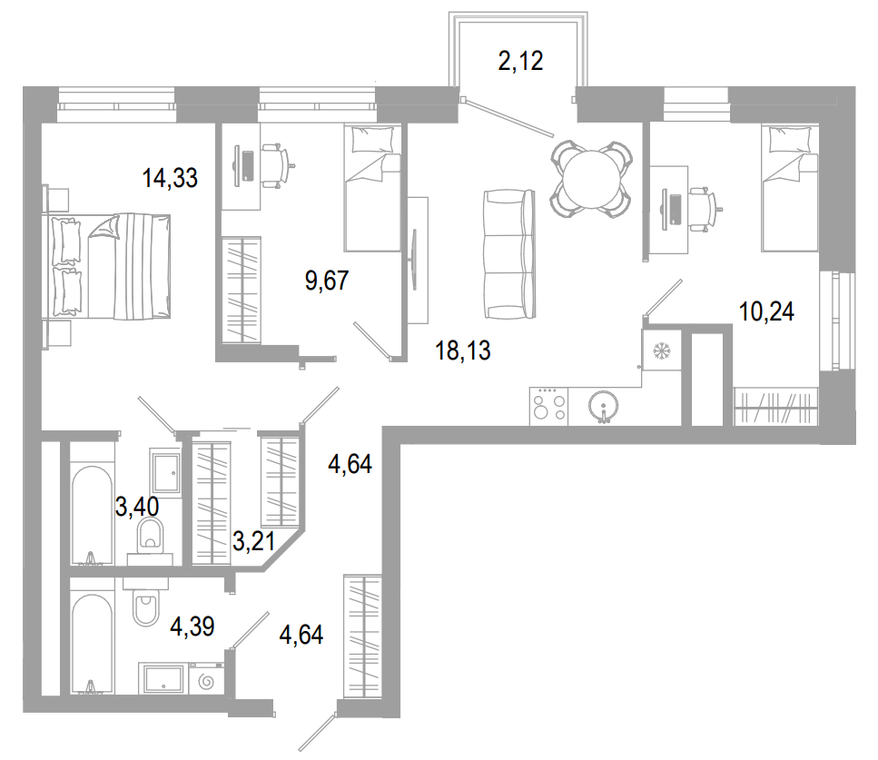 Планировка — РАЗУМ на Малышева, 4-комн., 73 м²