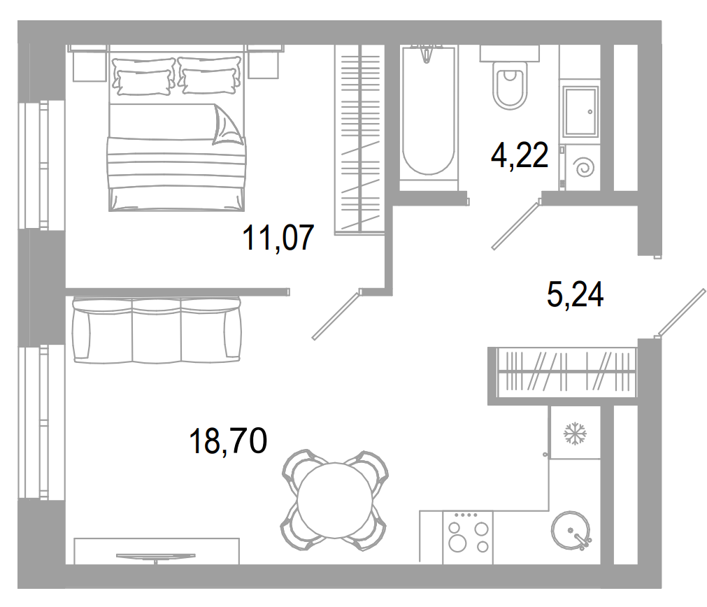 Планировка — РАЗУМ на Малышева, 2-комн., 39 м²
