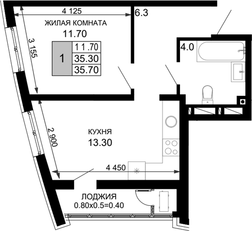 Планировка — Фонтаны, 1-комн., 35 м²