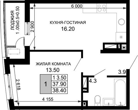 Планировка — Фонтаны, 2-комн., 38 м²