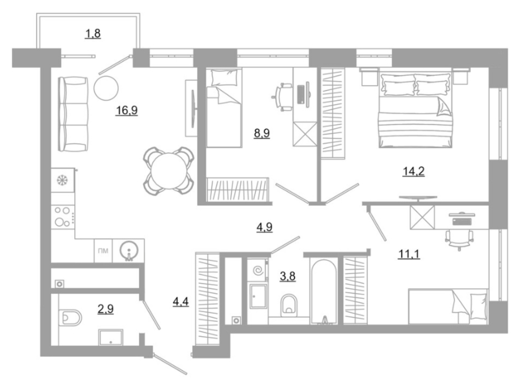 Планировка — РАЗУМ на Матвеева, 3-комн., 67 м²
