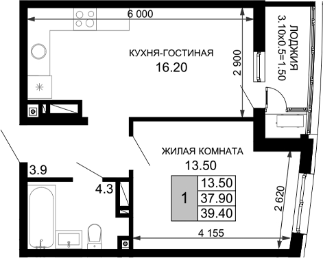 Планировка — Фонтаны, 2-комн., 38 м²