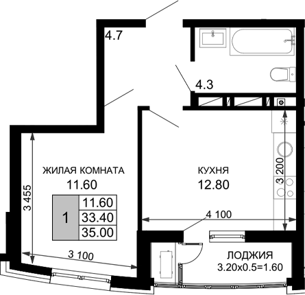 Планировка — Фонтаны, 1-комн., 33 м²