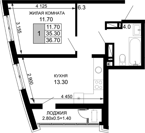 Планировка — Фонтаны, 1-комн., 35 м²
