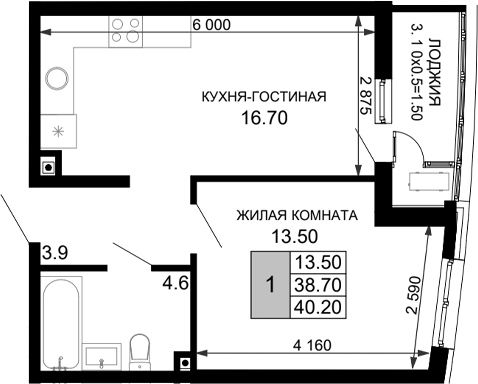 Планировка — Фонтаны, 2-комн., 39 м²