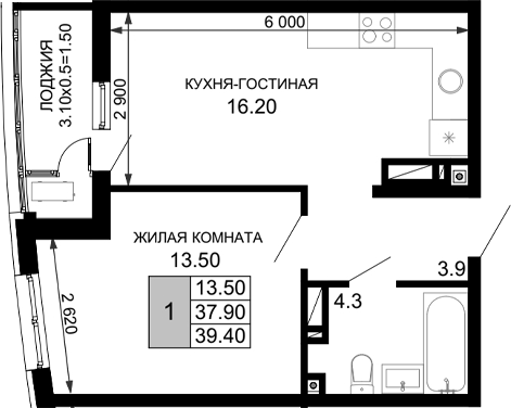 Планировка — Фонтаны, 2-комн., 38 м²