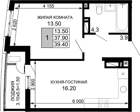 Планировка — Фонтаны, 2-комн., 38 м²