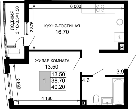 Планировка — Фонтаны, 2-комн., 39 м²