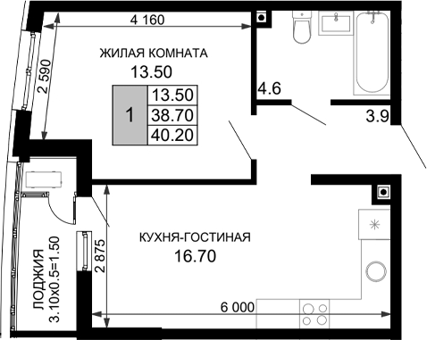 Планировка — Фонтаны, 2-комн., 39 м²