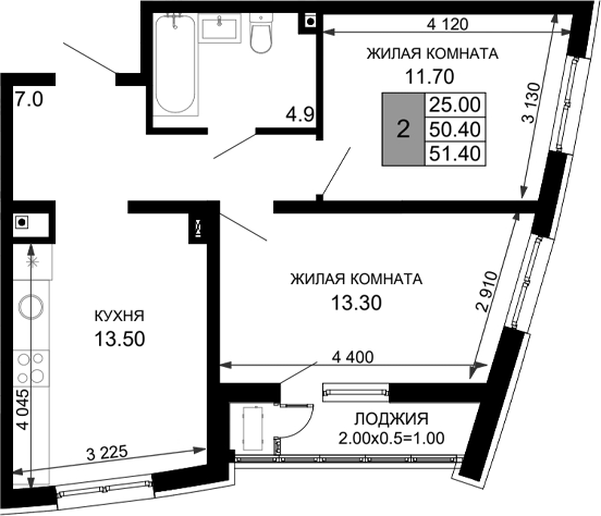 Планировка — Фонтаны, 2-комн., 50 м²