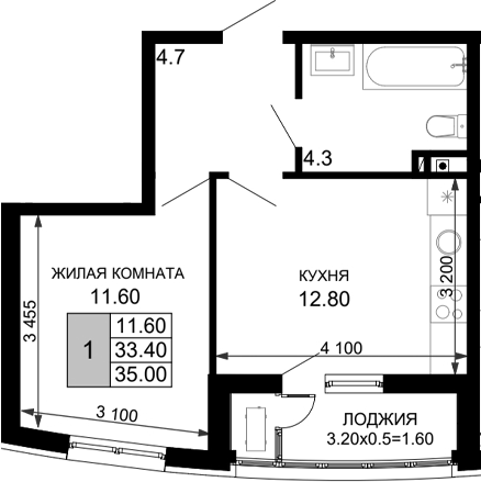 Планировка — Фонтаны, 1-комн., 33 м²