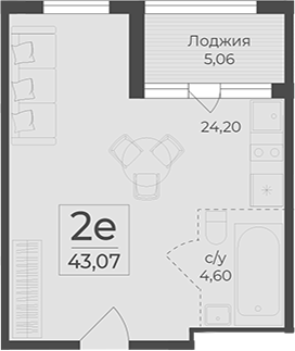 Планировка — Botanica, Студия, 38 м²
