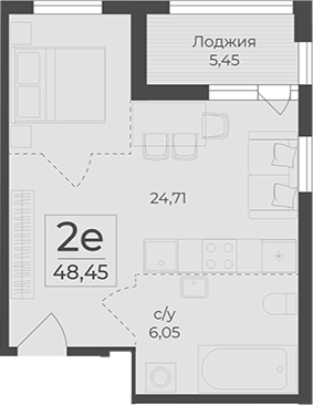 Планировка — Botanica, 1-комн., 43 м²