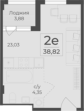 Планировка — Botanica, Студия, 35 м²