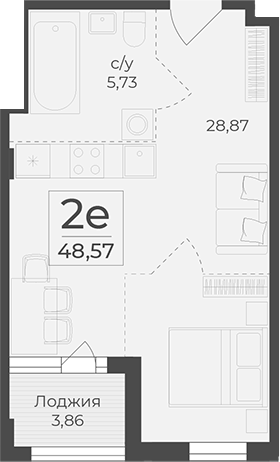 Планировка — Botanica, 1-комн., 45 м²