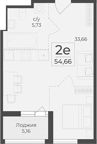 Планировка — Botanica, 1-комн., 50 м²