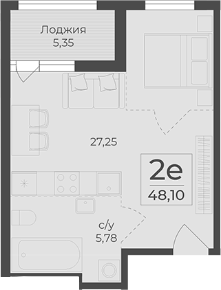 Планировка — Botanica, 1-комн., 43 м²