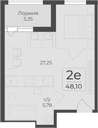 Планировка — Botanica, 1-комн., 43 м²