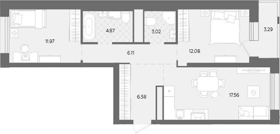 Планировка — Теплые кварталы. Паритет Девелопмент, 3-комн., 62 м²