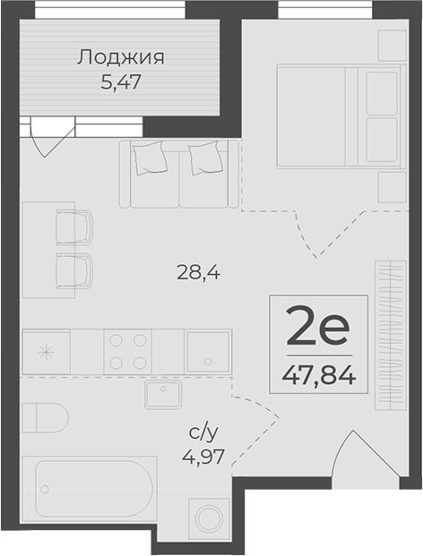 Планировка — Botanica, 1-комн., 42 м²