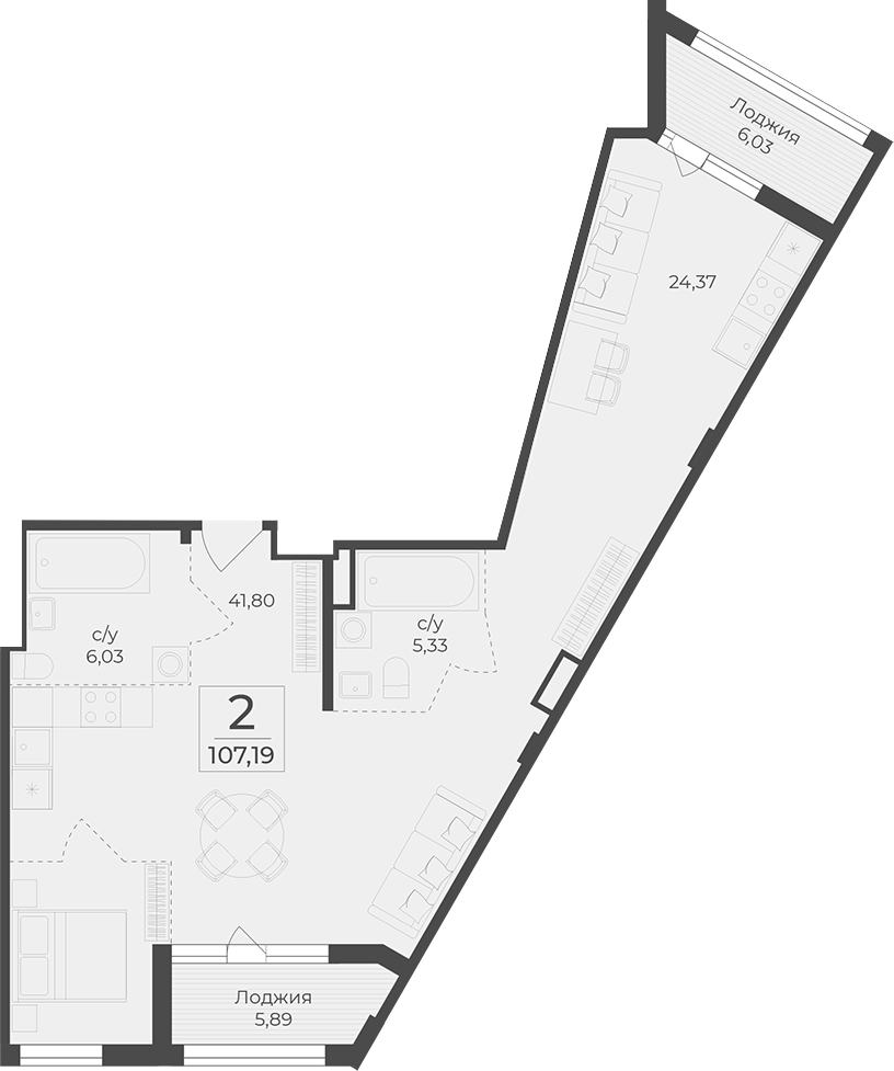 Планировка — Botanica, 1-комн., 95 м²