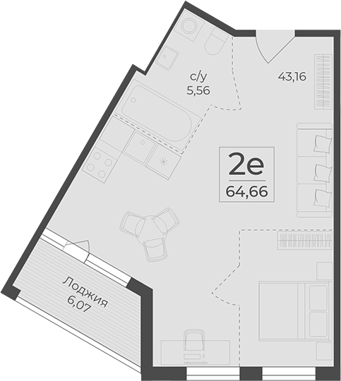 Планировка — Botanica, 1-комн., 59 м²
