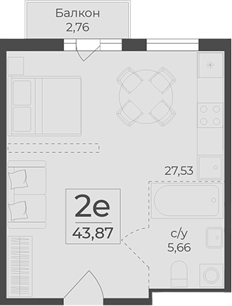 Планировка — Botanica, Студия, 43 м²