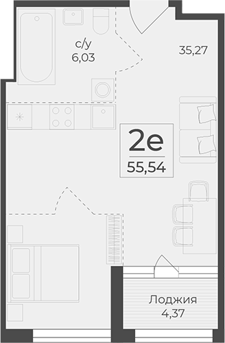 Планировка — Botanica, 1-комн., 51 м²