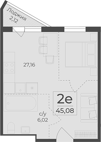 Планировка — Botanica, 1-комн., 43 м²