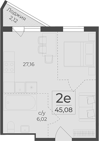 Планировка — Botanica, 1-комн., 43 м²